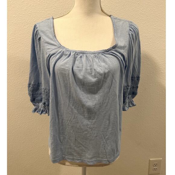 Lucky Brand Womens Sz Large Blouse Top Blue Square Neck 100% Cotton Short Sleeve - Picture 1 of 7